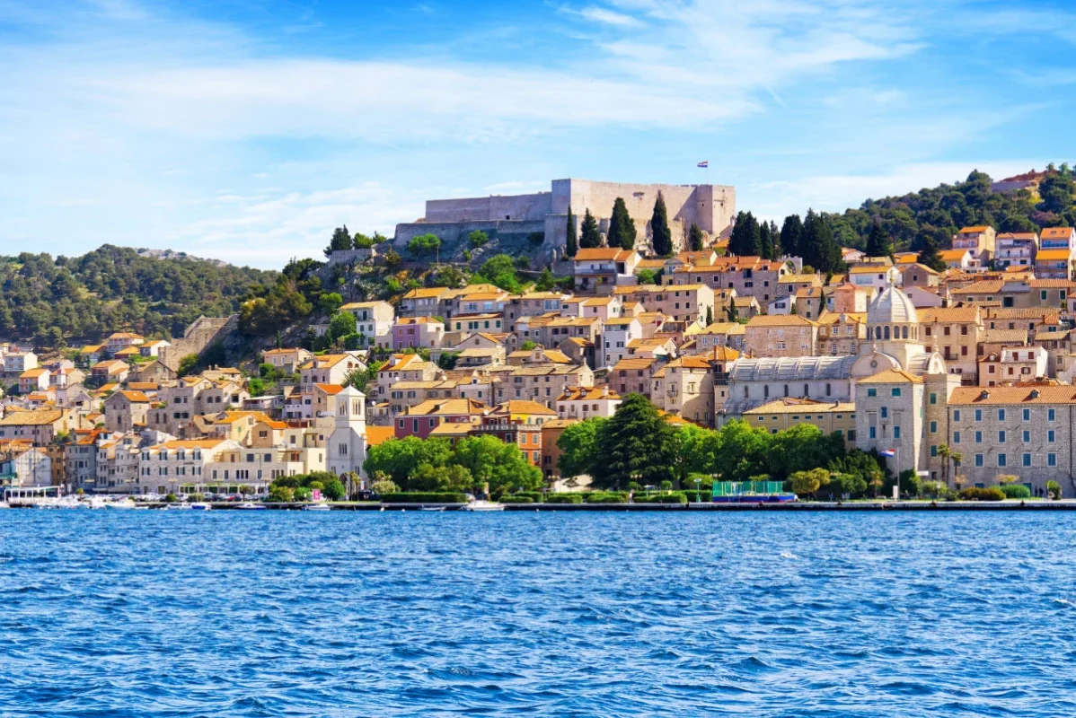 Sibenik, Croatia. UNESCO city of Sibenik architecture and coastline, Dalmatia, Croatia. Colorful historic town.