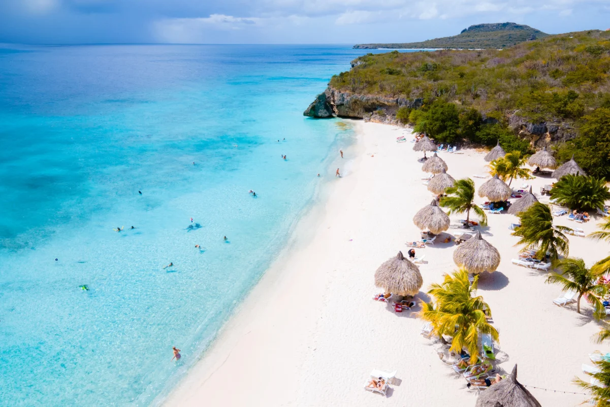 Cas Abao Beach Playa Cas Abao Caribbean island of Curacao, Playa Cas Abao in Curacao a white beach with a blue turqouse colored ocean Drone aerial view